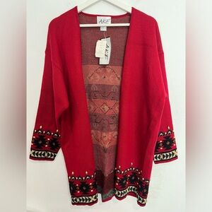 AKF Wool Blend Open Cardigan Size Large Aztec Tribal Western Red Embroidered NWT